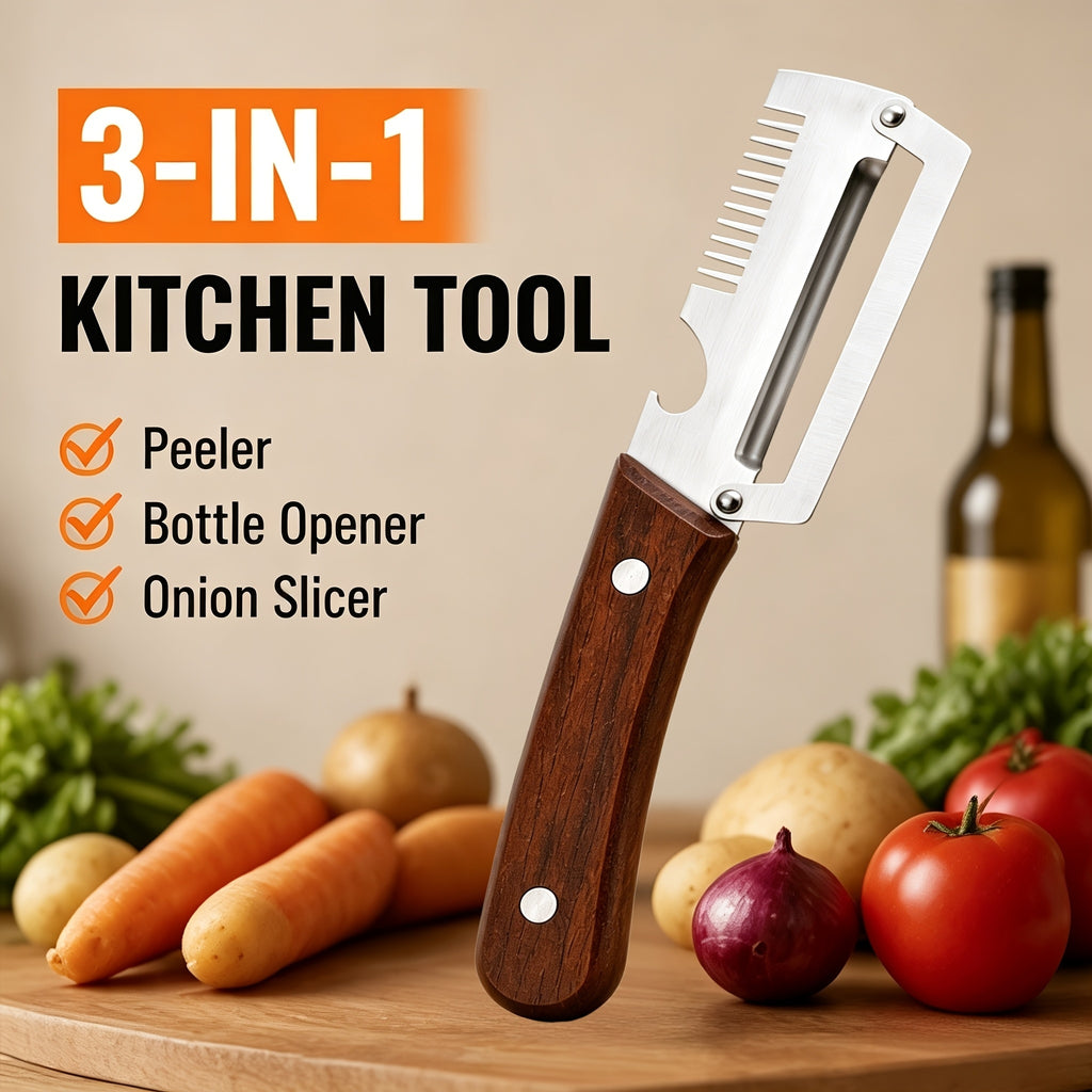 3-in-1 Stainless Steel Vegetable Peeler Knife with Wooden Handle