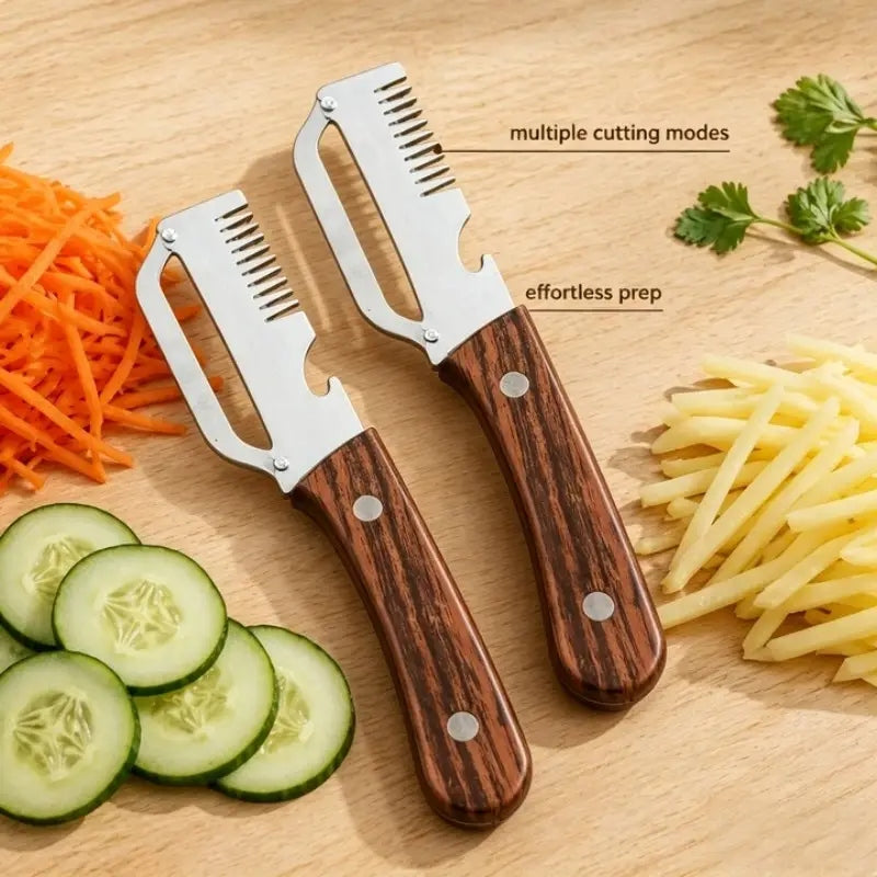 3-in-1 Stainless Steel Vegetable Peeler Knife with Wooden Handle